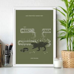 Tema principal de Jurassic Park de John Williams - Impresión de banda sonora - Póster de clásicos del cine - T Rex - Regalo de Jurassic Park (varios tamaños)