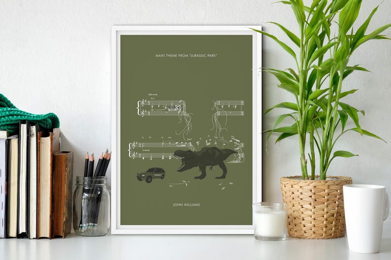 Sheet music for the main theme from Jurassic Park by John Williams. The lines and musical symbols are used to create a famous scene from the Movie. This illustration shows the T-Rex bursting through the music with the clefs and symbols scattered.