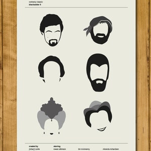 May include: Black and white illustration of the main characters from the British comedy series Blackadder II. The characters are Rowan Atkinson, Tony Robinson, Stephen Fry, and Miranda Richardson. The text "comedy classic Blackadder II" is at the top of the image.