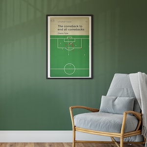 May include: A framed poster with a green soccer field and a black and white illustration of a soccer game. The poster has the text "a Football Classic" and "The comeback to end all comebacks" with the name "Cheick Tiot&eacute;" below.