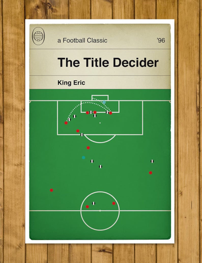 May include: A green and white illustration of a soccer field with red and black circles representing players. The title "The Title Decider" and "King Eric" are printed above the field. The year "'96" is printed in the top right corner.