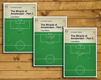May include: Three green and white illustrated football play diagrams with the title "The Miracle of Amsterdam" and the subtitle "a Football Classic" with the author "Lucas Moura" and the year "'19". The diagrams show the different parts of the play, with the first part showing the ball being passed to the right, the second part showing the ball being passed to the left, and the third part showing the ball being passed to the center.