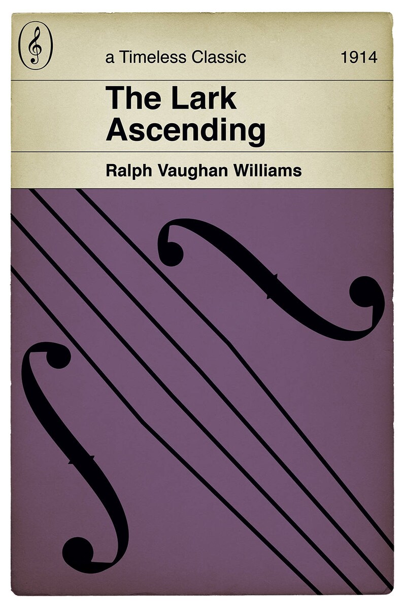 Puede incluir: Un p&oacute;ster de estilo vintage para la pieza orquestal "The Lark Ascending" de Ralph Vaughan Williams. El p&oacute;ster presenta una clave de sol y un viol&iacute;n estilizado sobre un fondo morado.