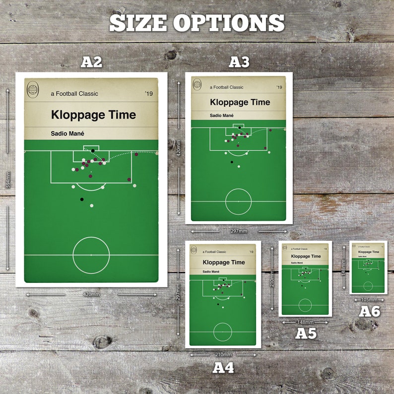 May include: A chart showing different sizes of prints available for a football-themed poster. The poster features a green soccer field with players in black and white. The poster title is "Kloppage Time" with the text "a Football Classic" and "Sadio Man&eacute;" underneath. The sizes available are A2, A3, A4, A5, and A6.