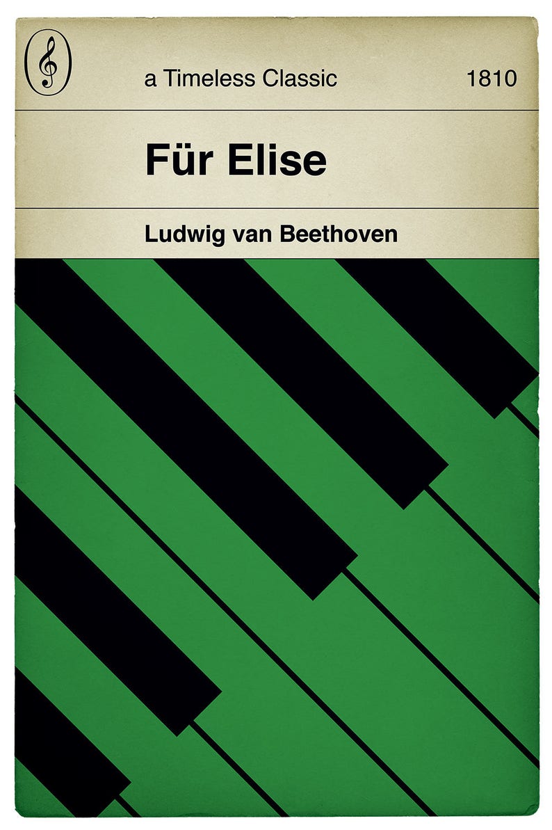 May include: A green and black piano keyboard design with the text "F&uuml;r Elise" and "Ludwig van Beethoven" on a beige background. The text "a Timeless Classic" and "1810" are also on the beige background.