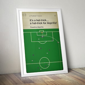 May include: A green football field with a white goal and a white circle in the center. The field is marked with white lines. There are 10 purple circles on the field, representing players. A white dotted line shows the path of the ball. The text 'It's a hat-trick... a hat-trick for Asprilla!' is at the top of the image. The text 'Faustino Asprilla' is below the field. The text 'a Football Classic '97' is at the top of the image.