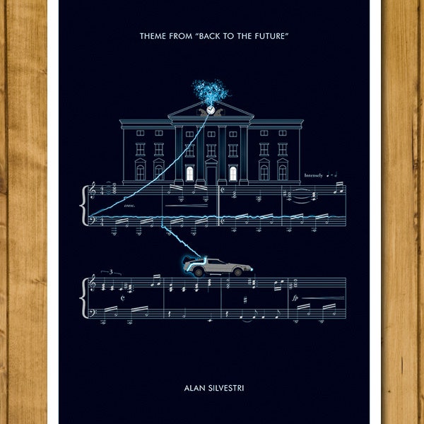 Main Theme from Back To The Future by Alan Silvestri - Movie Classics Poster - Hill Valley Clock Tower - Time Machine Print (Various Sizes)