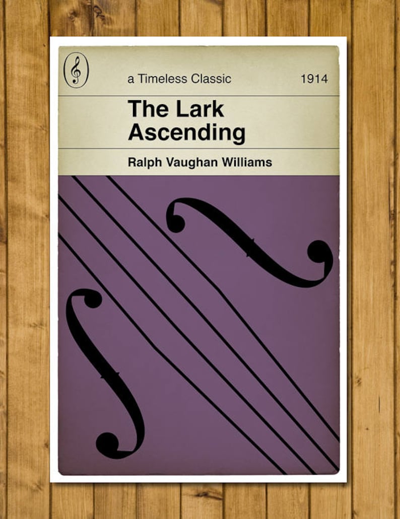 Puede incluir: Un p&oacute;ster morado con una clave de sol y el t&iacute;tulo "The Lark Ascending" de Ralph Vaughan Williams. El p&oacute;ster tambi&eacute;n incluye el texto "a Timeless Classic" y "1914".