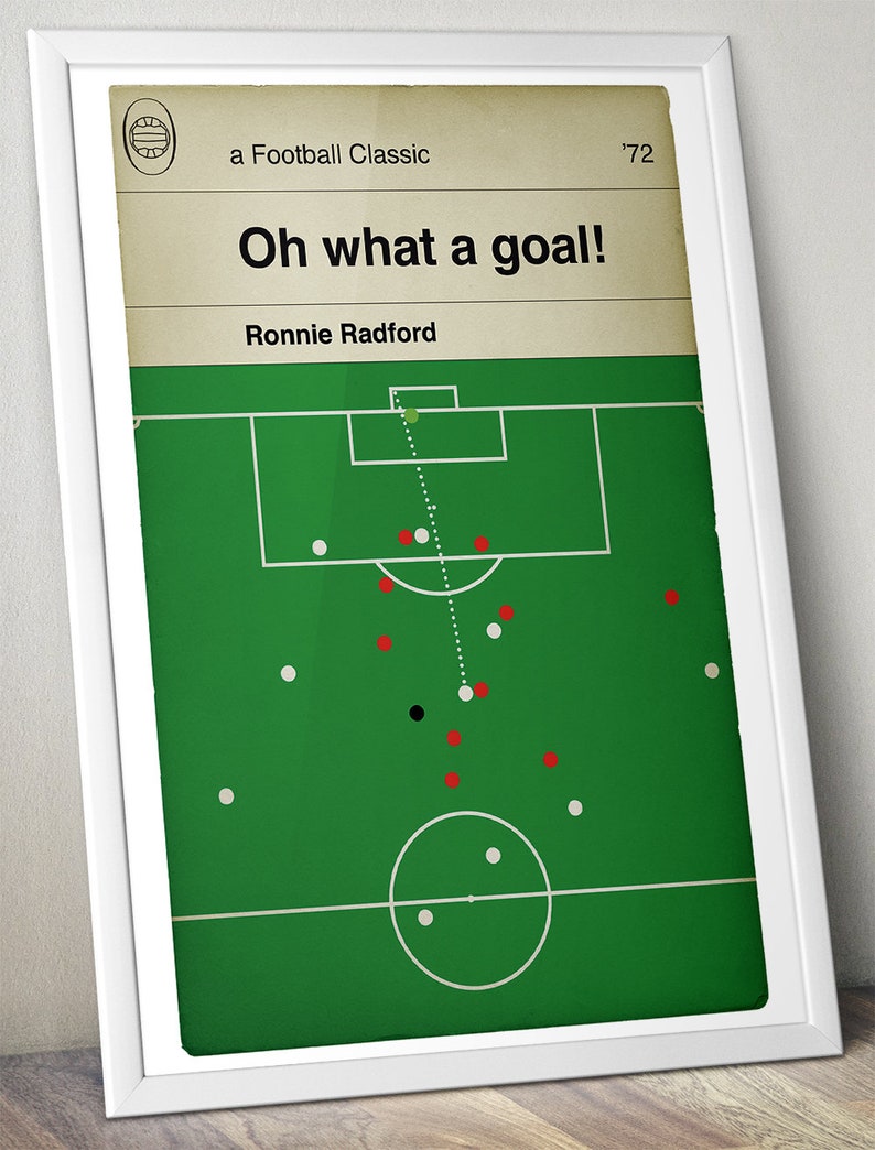 May include: A green football field with white lines and a white circle in the center. There are red and white circles representing players on the field. The text "Oh what a goal!" is at the top of the image, with the text "a Football Classic" and "'72" above and below it. The text "Ronnie Radford" is below the field.