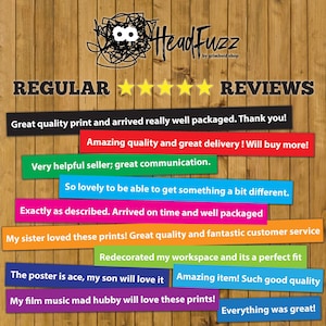 May include: A collage of customer reviews for a shop called "HeadFuzz" on a wood background. The reviews are positive and highlight the quality of the products and the excellent customer service. The text includes phrases like "Great quality print", "Amazing quality", "Fantastic customer service", and "Everything was great!"
