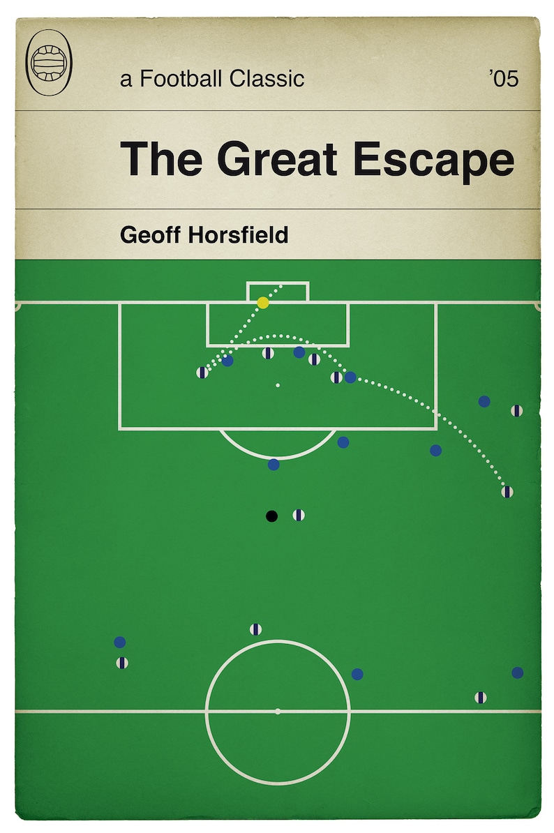 May include: A vintage-style poster with a football field diagram and the title "The Great Escape" by Geoff Horsfield. The poster features a green field, white lines, and blue and black player icons, with a dotted line showing a play.
