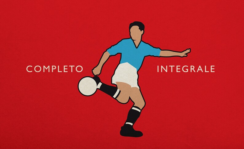 May include: Illustration of a soccer player kicking a ball, set against a red background. The player is depicted in a light blue jersey, white shorts, and black socks. The words "COMPLETO" and "INTEGRALE" are on either side.