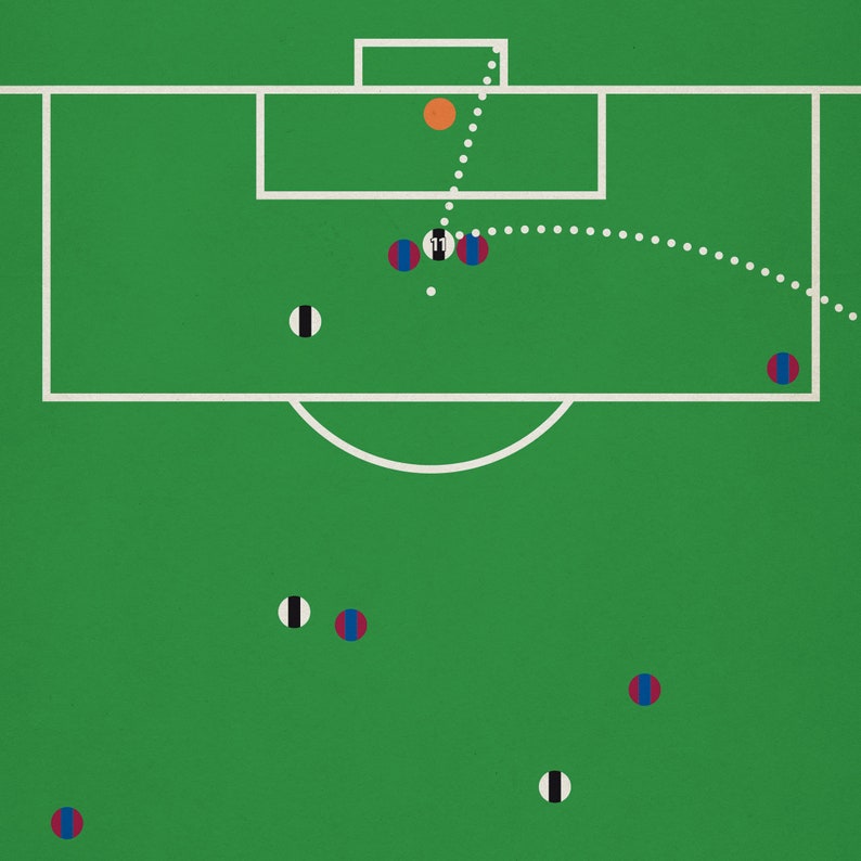 May include: A green soccer field with white lines marking the field. There are 8 soccer players, 4 in blue and white uniforms and 4 in red and white uniforms. The ball is in the air and a player is kicking the ball.