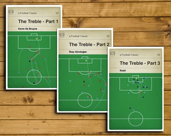 Manchester City Treble Set - Man City League, FA Cup & Champions League Winners 2023 - Set of 3 Prints - Football Book Art (Various Sizes)