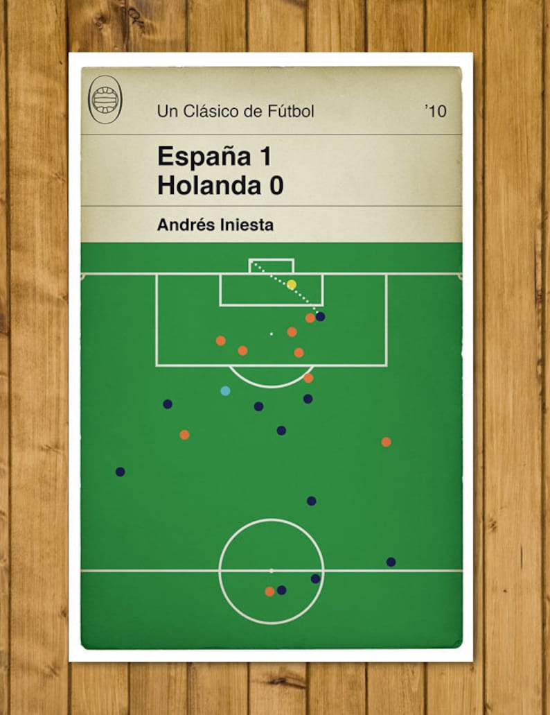 May include: A green and white football pitch with a scorecard that reads "Espa&ntilde;a 1 Holanda 0" and "Un Cl&aacute;sico de F&uacute;tbol '10" with the name "Andr&eacute;s Iniesta" below the score. The football pitch shows the positions of the players during the game.