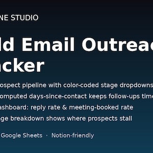 May include: A digital Cold Email Outreach Tracker by Tidyline Studio featuring a 100-prospect pipeline with color-coded stage dropdowns, auto-computed days-since-contact, a live dashboard for reply and meeting rates, and per-stage breakdowns for Excel, Google Sheets, and Notion.