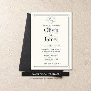 Puede incluir: Una tarjeta de invitación de boda blanca con texto negro y un borde negro fino, con los nombres Olivia y James, la fecha 12 de junio de 2027 y el lugar The Willow House, Charleston, South Carolina, sobre un sobre negro.