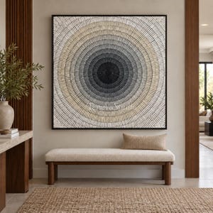 Concentric Circle Abstract Oil Painting, Black Gray Beige Textured Geometric Wall Art, Modern Minimalist Statement Art for Dining Room