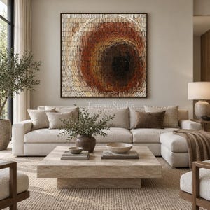 Earth Tone Abstract Circle Oil Painting, Textured Terracotta Brown Impasto Wall Art, Organic Modern Statement Canvas for Living Room