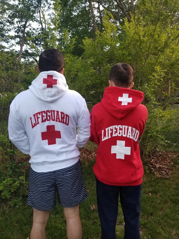 red and white lifeguard hoodie