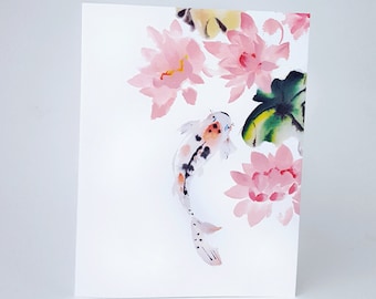 Koi and Lotus Note Card Set of 8 Blank Inside