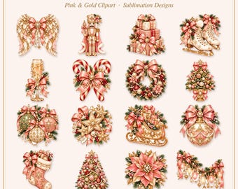 Christmas Clipart PNG Bundle, 16 Pink Gold Christmas Designs, Transparent PNG, Sublimation Designs, Instant Download