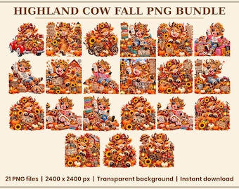 Highland Cow Fall PNG Bundle, 21 schattige herfstkoeienclipartbestanden, pompoen-zonnebloemsublimatie, luipaardstrik, western boerderijstijl