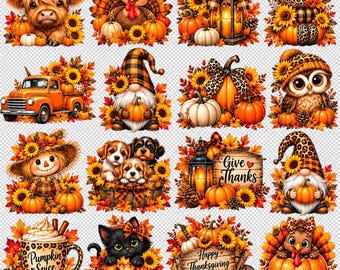 Bundel met 16 PNG-afbeeldingen voor Thanksgiving in de herfst: Schotse hooglandkoe, kalkoen en uil (digitale download)