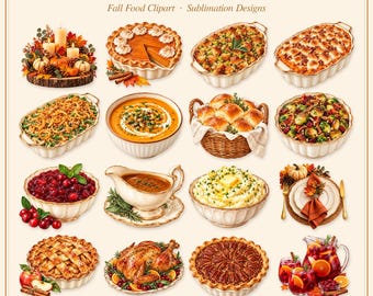 Bundel met clipart van Thanksgiving-gerechten in PNG-formaat, 16 herfstdinerontwerpen, kalkoen en pompoentaartvulling, transparante PNG, sublimatie, direct te downloaden.