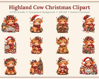 Bundel kerstclipart van Schotse hooglandkoeien in PNG-formaat, 12 feestelijke koeienontwerpen, transparante achtergrond, digitale download voor commercieel gebruik.