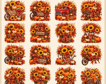 Herfstclipart PNG-bundel, 16 landelijke herfstontwerpen, zonnebloem, pompoen, wagen, geruite strik, transparante PNG, sublimatie