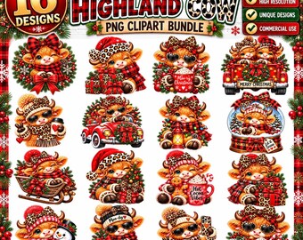 Kerstshirt met Schotse hooglandkoe PNG-bundel, brutale kerstkoeienclipartontwerpen, grappige luipaardprint voor de feestdagen (digitale download)