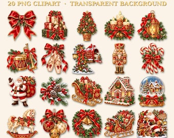 Vintage kerstclipart, bundel van 20 rood-gouden kerst-PNG's, notenkraker, kerstman, slee en krans, transparante PNG, sublimatie