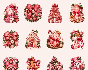 Coquette Christmas PNG Bundle, Pink Bow Gingerbread Clipart, Retro Christmas Sublimation Designs, Snowman Hot Cocoa PNG, Digital Download