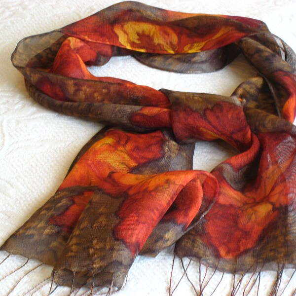 Scarf to wear now in warm floral hand painted design silk mesh scarf with fringe