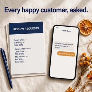May include: A stack of white paper with a dark blue header labeled REVIEW REQUESTS, listing names and services. Next to it, a smartphone displays a text message conversation asking for a review. A dark blue pen sits to the left of the paper.