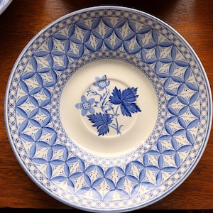 Può includere: Un piattino rotondo in ceramica con un centro bianco e un'illustrazione floreale blu. Il bordo è decorato con un motivo geometrico blu ripetitivo di cerchi intrecciati e sottili linee tratteggiate su uno sfondo bianco.