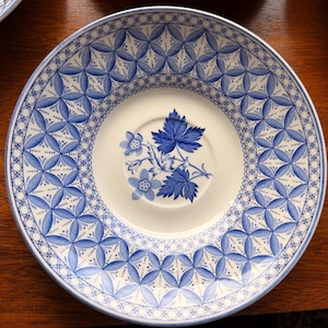 May include: A white ceramic saucer featuring a central blue botanical illustration of leaves and flowers. The rim is decorated with a repeating blue geometric lattice pattern consisting of interconnected circles and cross-hatched lines.