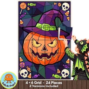 Op de afbeelding: Een Halloween-muurpuzzel met een geometrische pompoen in glas-in-loodstijl met een paarse heksenhoed, omringd door schedels en snoep. Het raster bestaat uit 24 stukjes in een 4x6-indeling met de tekst BaBa Art Project.