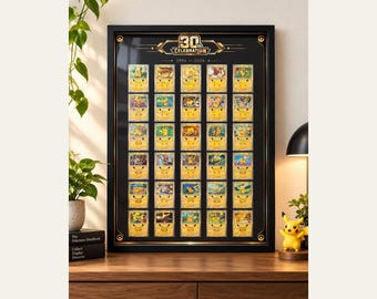 Pokémon 30th Anniversary Pikachu Card Display Poster | Black & Gold | 30 Card Collection Wall Art | 50x70cm Physical Print
