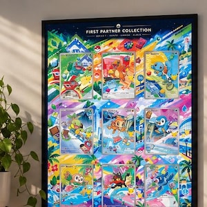 Pokémon 30th Anniversary First Partner Card Display Poster | 9 Card A3 Printable Wall Art | Kanto Sinnoh Alola | Digital Download