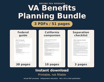 Guida alla richiesta di invalidità VA e pianificatore di transizione militare in formato PDF / Lista di controllo DD-214, Pacchetto benefici per veterani, Federale + California, Stampabile