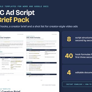 以下が含まれることがあります： UGC Ad Script & Brief Packというタイトルのデジタルドキュメントセット。WordおよびGoogleドキュメント用の編集可能なテンプレート4種類が含まれています。8つのスクリプト構造、40のフック式、動画広告用のクリエイターブリーフで構成されています。