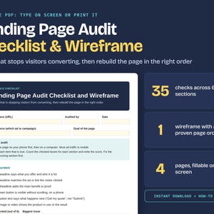 May include: A digital Landing Page Audit Checklist & Wireframe document with a dark blue background. It features 35 checks across 6 sections, 1 wireframe, and 4 fillable pages. The text includes instructions for auditing pages and a checklist.