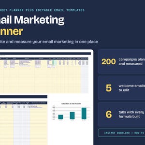 Puede incluir: Una plantilla de hoja de cálculo para planificador de marketing por correo electrónico con calendario de campañas, seguimiento de crecimiento de listas y gráfico de barras. El texto dice Email Marketing Planner y más.