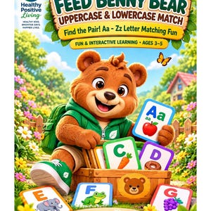May include: A brown bear character wearing a green hoodie and backpack sits with a wooden crate filled with letter cards. The cards feature uppercase and lowercase letters paired with illustrations like an apple, carrot, donut, frog, and grapes.
