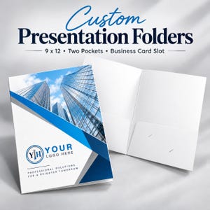 May include: Custom presentation folders measuring 9 by 12 inches with two pockets and a business card slot. The front features a blue and white geometric design, a skyscraper image, and the text "YOUR LOGO HERE PROFESSIONAL SOLUTIONS FOR A BRIGHTER TOMORROW".