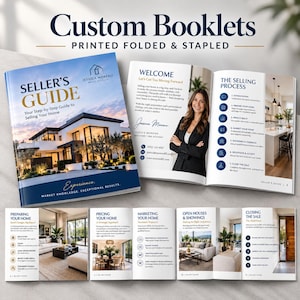 May include: Custom printed folded and stapled booklets titled Seller's Guide for Jessica Moreno Real Estate. The booklets feature a modern house exterior, interior home photos, text about the selling process, and contact information.
