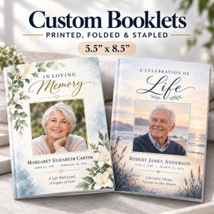 May include: Two custom 5.5" x 8.5" funeral booklets with stapled spines. The left booklet features white flowers, blue watercolor accents, and the text "In Loving Memory" with a photo of a woman. The right booklet shows a beach sunset, the text "A Celebration of Life," and a photo of a man.