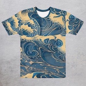 Light Blue Great Wave All Over Print Tee, Japanese Modern Ukiyoe Graphic Shirt, Oversized Streetwear Crewneck T-Shirt, Unique Lover Gift